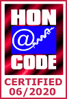 The HON seal, an address sign surrounded by red gradient with HON CODE overlayed in white block lettering, at the bottom is a certification date